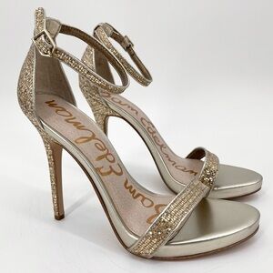 Sam Edelman Eleanor Metallic Gold Glitter Ankle-Strap Sandals Stiletto Heels 8.5